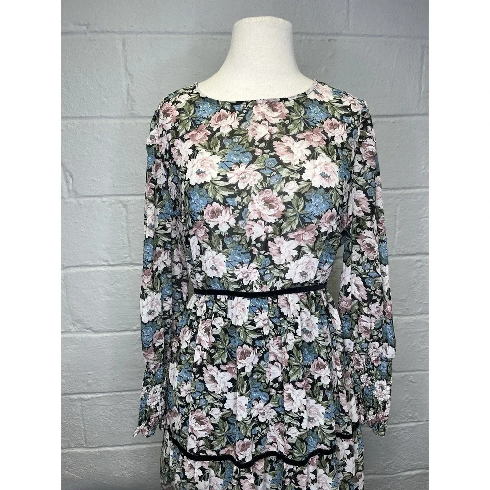 En Saison Floral Midi Dress Small Tiered Pastel Chiffon Rose‎ Cottagecore